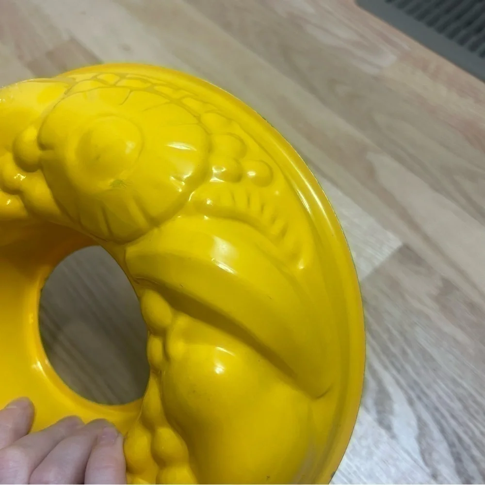Vintage Yellow Bundt Pan Bright MCM Pineapple Fruit Banana Grapes Print